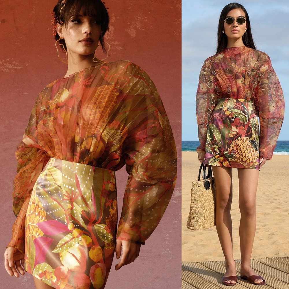 Andrea Iyamah Odi Pleated Organza Mini Dress Kola Print NEW with tags